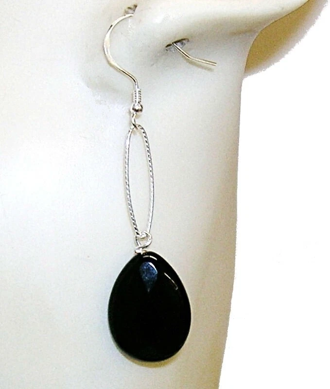 PENDIENTES Largos de PLATA de ley 925 y ÓNIX Facetado lágrima 18x13 mm - Imagen 3 de 3