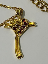 22" Gold Tone Cross With Ruby Gemstones Necklace