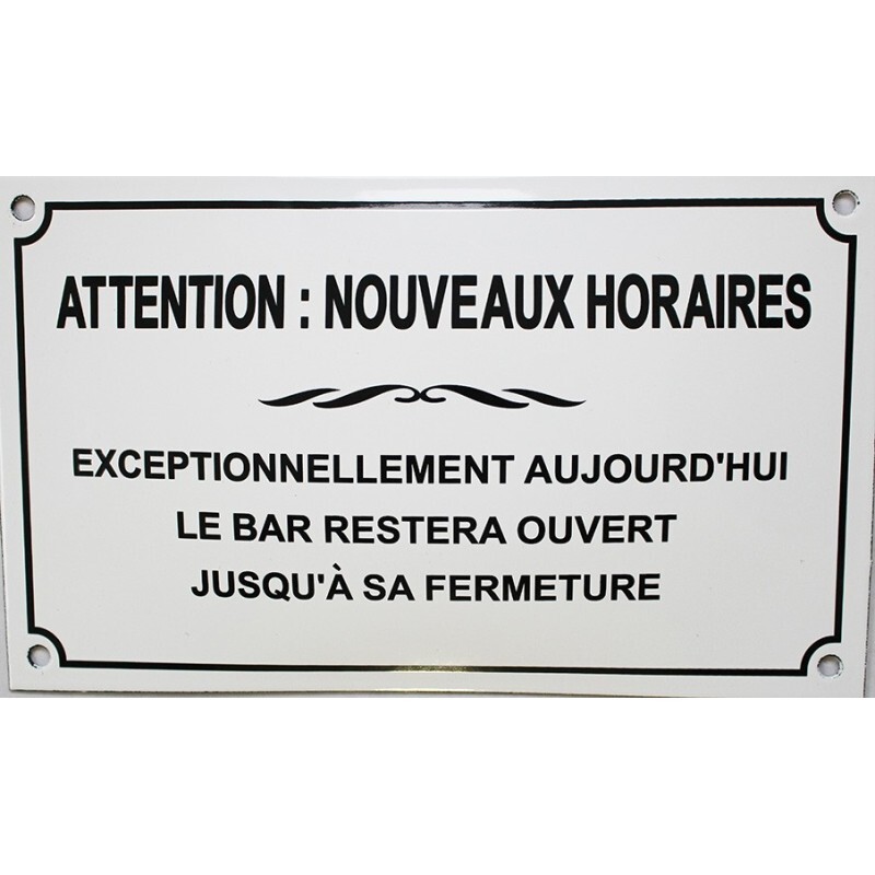 Plaque émaillée humoristique Nouveaux Horaires décoration murale en métal jaune 30x20 cm