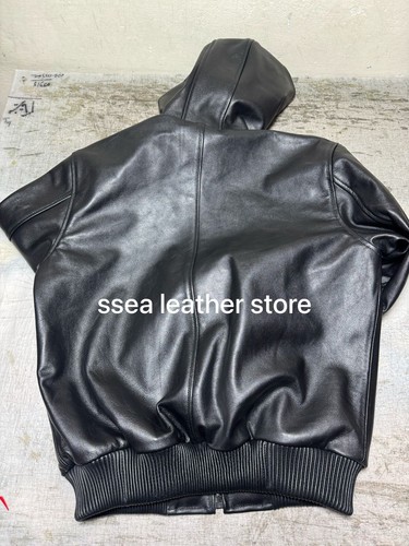 Men's Black Premium Leather Handmade Hoodie Genuine Lambskin Leather Hoodie - Picture 5 of 6