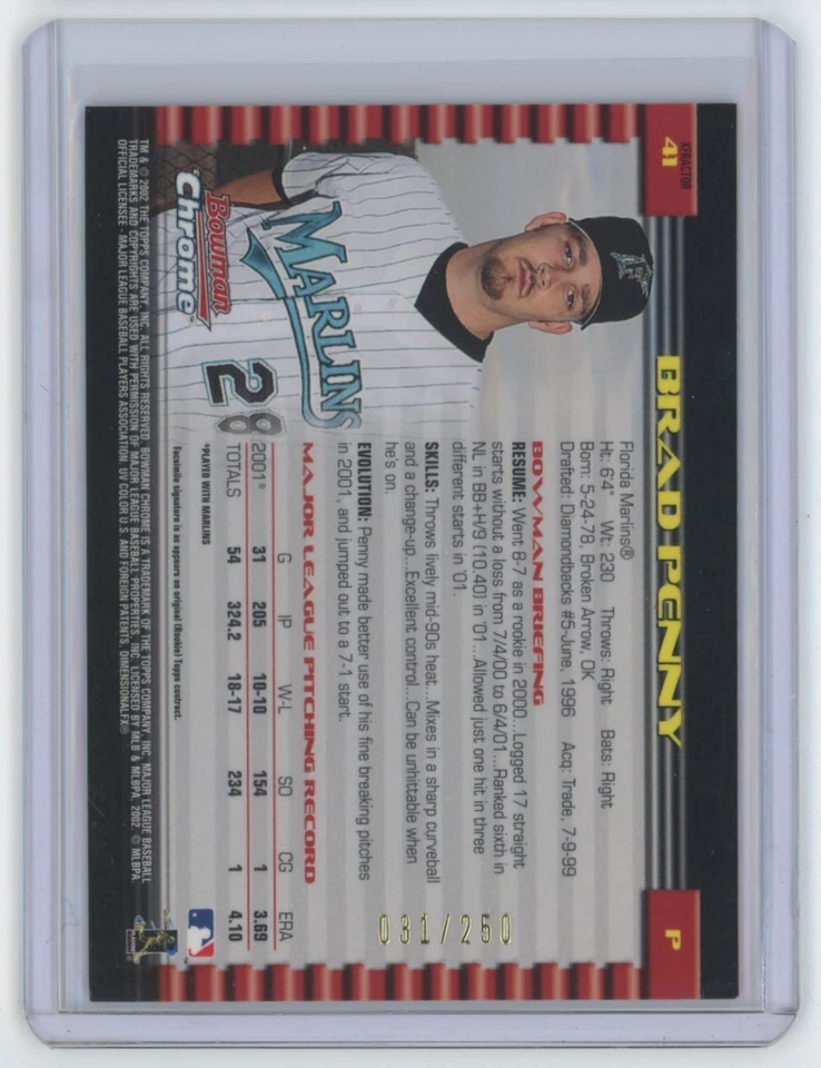 2002 Bowman Chrome Refractors Brad Penny . 031/250 Florida Marlins #41 - Image 2 of 2