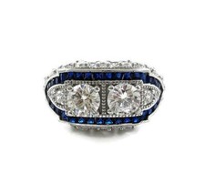 Old European Cut Cubic Zirconia With Deep Blue Sapphire Art Deco Engagement Ring