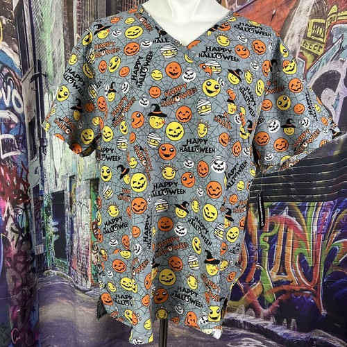 Cassandra O Scrub Top Women's Sz 2X Gray Happy Halloween Pumpkins 2 Pockets B6