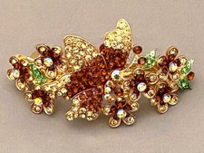 LARGE GOLDTONE BUTTERFLY BARRETTE AMBER CRYSTALS FREE USA SHIPPING