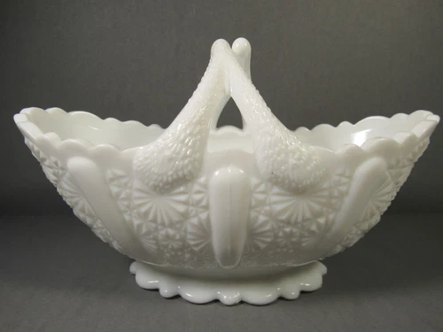 Vintage White Milk Glass Small Basket Button & Daisy 6".