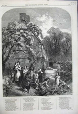 Original Old Antique Print 1859 May Garland Family Picking Flowers Garden Weir