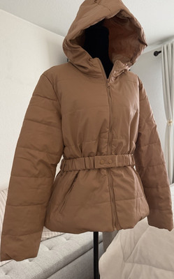 Haute Monde Beige Hooded Belted Quilted Puffer Jacket Women's M