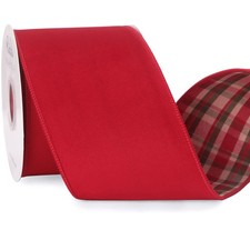 Red Velvet Wired Ribbon with Plaid Reversible 4 Inch Christmas Ribbon for Gif...