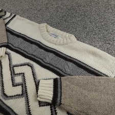 VT Geometric Sweater Mens XL Beige Gray Cable Knit Wool Pullover Crewneck 90s