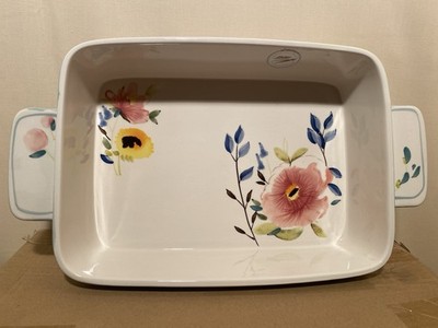 Bluebellgray große Lasagne Schale handbemalt Keramik floral rechteckig weiß