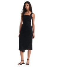 Loft Ruched Linen Cotton Square Neck Midi Dress Black Women’s Sz 10 NWT