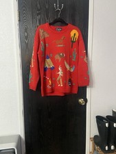 Vintage Lumy Red Southwestern Theme Hand Knitted In Peru Sweater Size Large