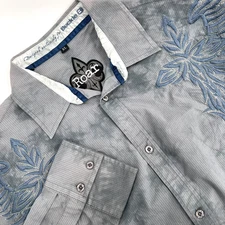 ROAR Mens XL Gray/Blue Embroidered Cross Wings Long-Sleeve Snap-Up Shirt Stretch