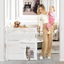 Retractable Baby Gate with Cat Door 55" Wide Retractable Baby Gate for Stairs...
