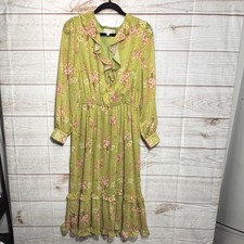 Penelope Rose Green Floral Ruffle Midi Dress Long Sleeve Elastic Waist Large