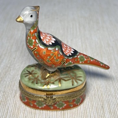 Past Times Trinket Dish Porcelain Cloisonné Style Pheasant Bird Enabled Lidded 