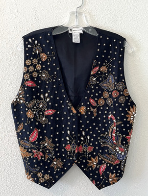 Vintage Ana Mori Vest Beaded Embellished Black Floral Multicolor One Size 80's