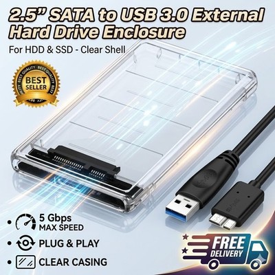 2.5'' SATA USB 3.0 External Hard Drive Enclosure Case for HDD SSD   Clear Shell