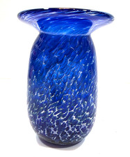 Cobalt Blue White Swirl Hand-Blown 2000 Signed Heavy Art Glass Vase 8 3/8"