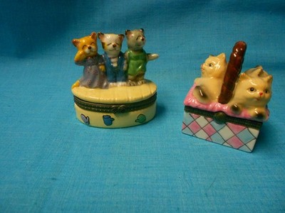 Lot/2 Vtg Three Little Kittens Trinket Box & 3 Kittens in Basket Trinket Box