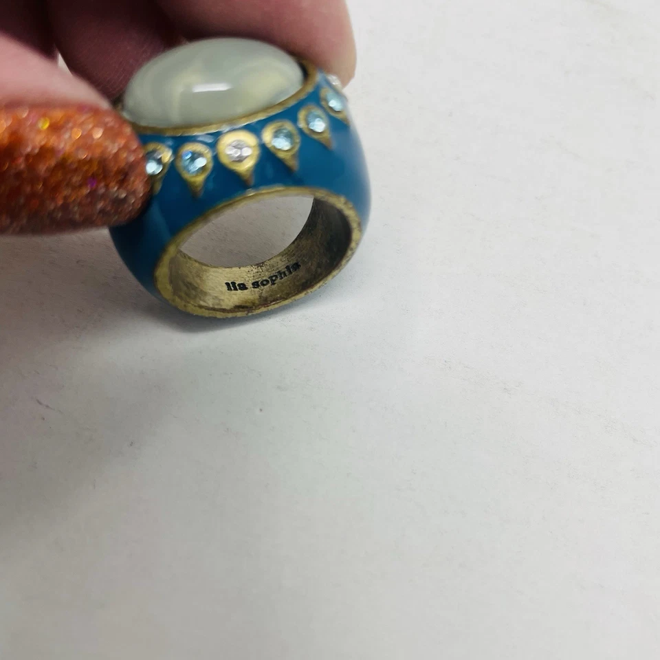 Lia Sophia Womens Size 8 Oversized Teal Enamel & Rhinestone Statement Ring - Image 2 of 4