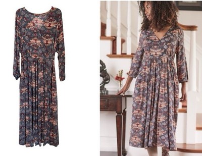 April Cornell Medici Jersey Dress Women s L Gray Floral Midi 3/4 Sleeve Pockets