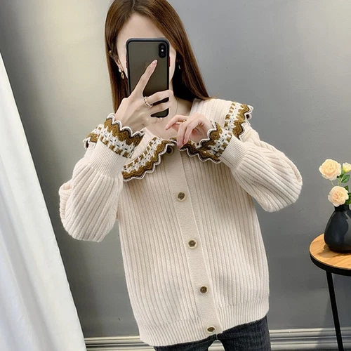 Long Sleeve Lapel Neck Collar Sweater Women Short Jacket Short Knitwear - Bild 8 von 24