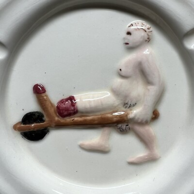 Vintage Ceramic Adult Humor Ashtray Penis Carry On Wheelbarrow