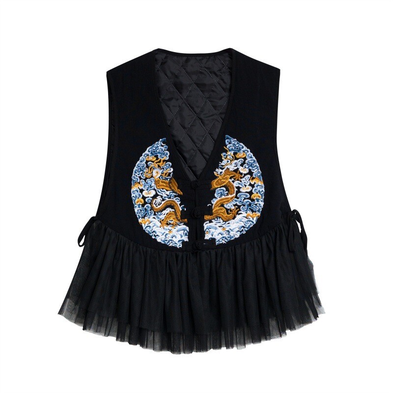 Women Ethnic Flower Spliced V Neck Linen Vest Coat main image 1