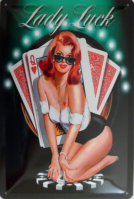 Blechschild Schild 20x30 cm - Pin up Lady Luck Karten Glücksspiel vintage Spiel
