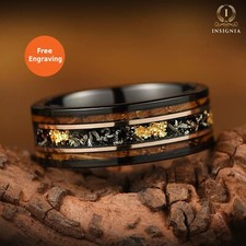 Real Meteorite & Smoked Whiskey Barrel Tungsten Mens Ring with 24K Gold Leaf