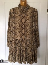 Zara Brown Beige Animal Snake Print High Neck Long Sleeve Smock Dress Size S