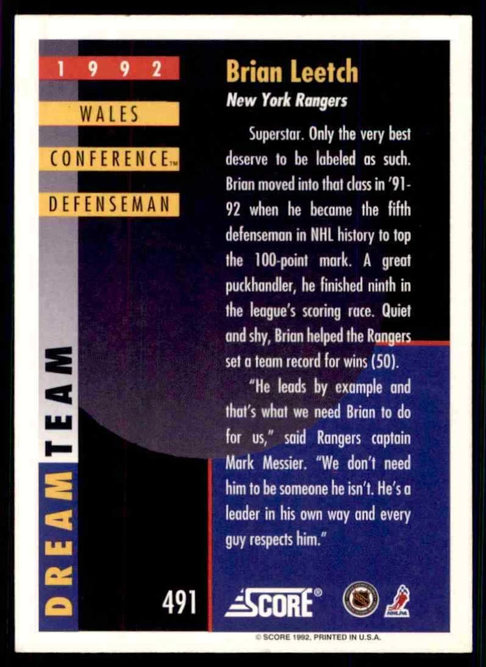 1992-93 Score Brian Leetch #491 - Image 2 of 2