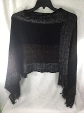 Elegant Women’s Black w/ Metallic Sheen Lightweight Pullover Fringe Shawl Poncho