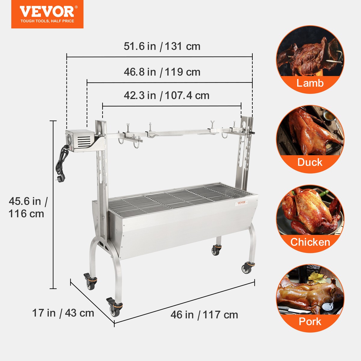VEVOR Lammgrill Spanferkelgrill Drehgrill 50W 41kg BBQ Drehspieß