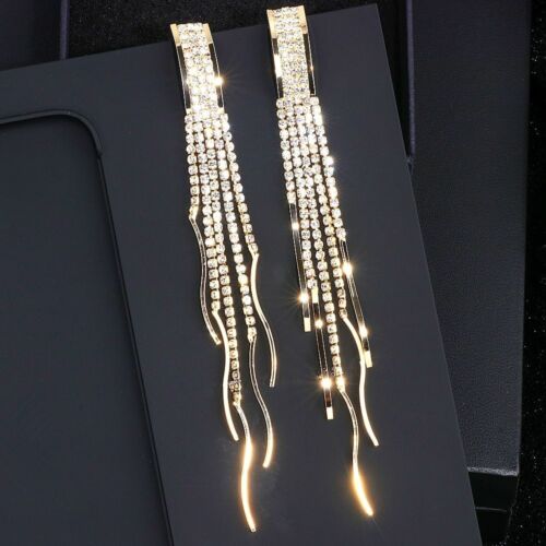 Women Long Tassel Earrings Rhinestone Luxury Crystal Big Dangle Drop Wedding New - Picture 1 of 14