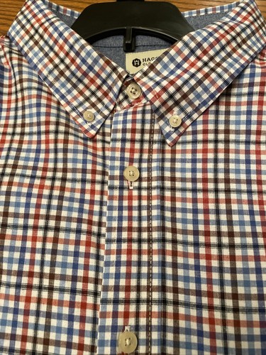 Haggar Stretch Men’s 2XL Red Blue White Checked L/S Button Front Dress Shirt EUC - Picture 8 of 8