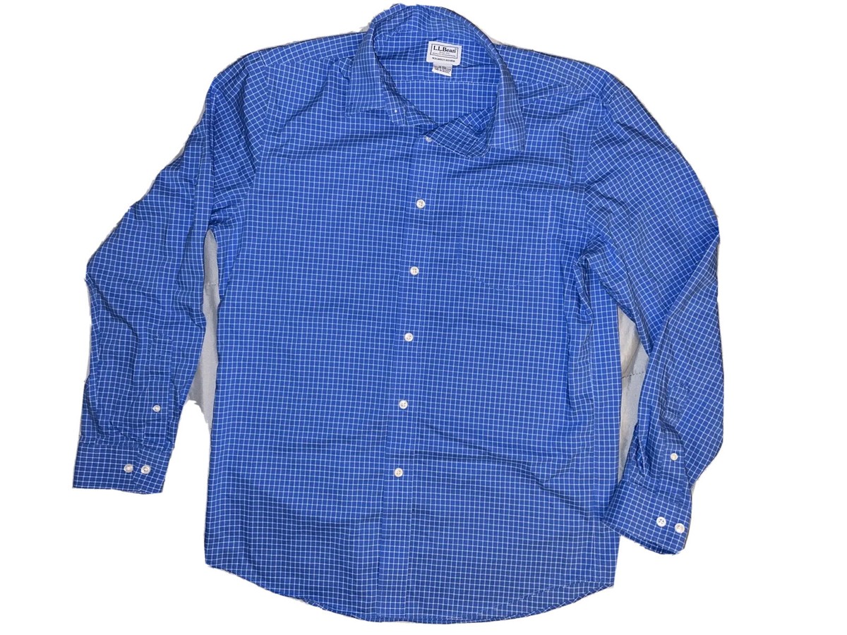 ll bean button down dress shirts LL Bean Button Down Shirt Mens Blue White Check Long Sleeve Casual Fitted M Reg