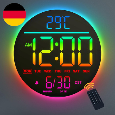 10'' Digitale Wanduhr Mit Nachtlicht, Alarm, Fernbedienung, 11 Rgb-Farben, Auto H