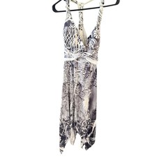 CristinaLove Gray Baroque Floral Rhinestone Handkerchief Hem Racerback Dress