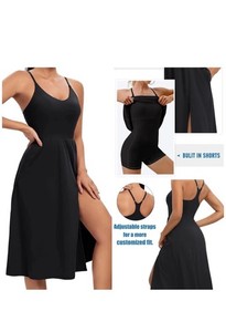 Ewedoos Tennis Dress XL Athletic Midi Black Built-In Shorts & Bra Straps New