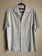 Nat Nast Shirt Mens M Light Gray 100 Silk Bowling Cuban Short Sleeve Button Up