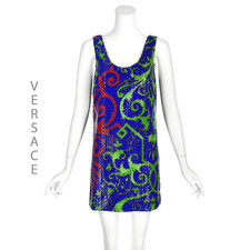VERSACE Mini Tank Dress in Royal Blue, Green, & Red Paillettes on Silk, US4-6 SM
