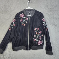 ANA A New Approach Jacket Womens 2XL Black Floral Embroidered Bomber Zip