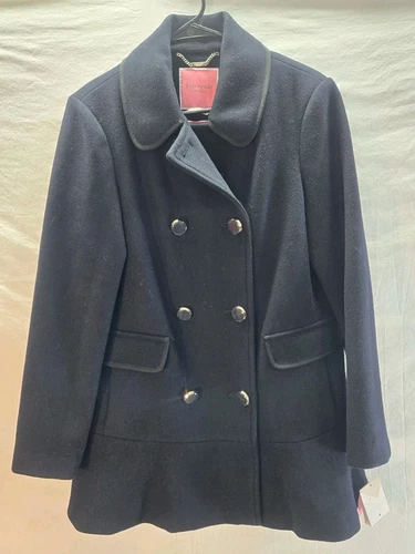 *Cappotto donna Kate Spade medio misto lana blu navy militare colletto pavone nuovo