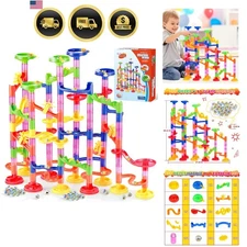 Marble Run Toy 130Pcs Construction Maze Set with Glass Marbles for Kids