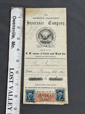 1863 Spring Garden FIRE INSURANCE Policy REVENUE STAMPS 10c 25c R-46a 35 36 UNIQ