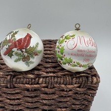 Vintage 1981 WWA Mother Christmas Satin Ball Ornaments Cardinal Holly Set 2