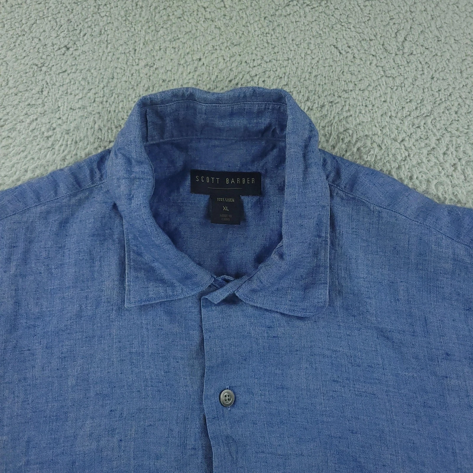 Scott Barber Shirt Mens XL Blue 100% Linen Short Sleeve Button Front Pocket
