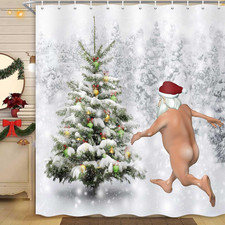 Funny Christmas Santa Claus Shower Curtain, Christmas Tree Winter Forest Snowfla